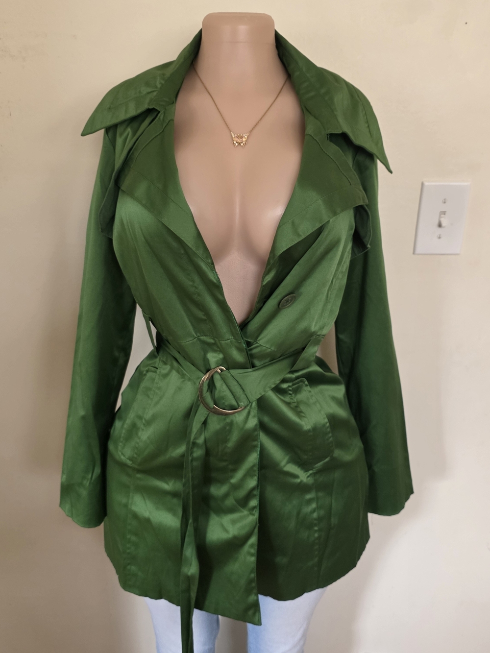 Wet Seal Green Satin Trench Jacket with Belt
